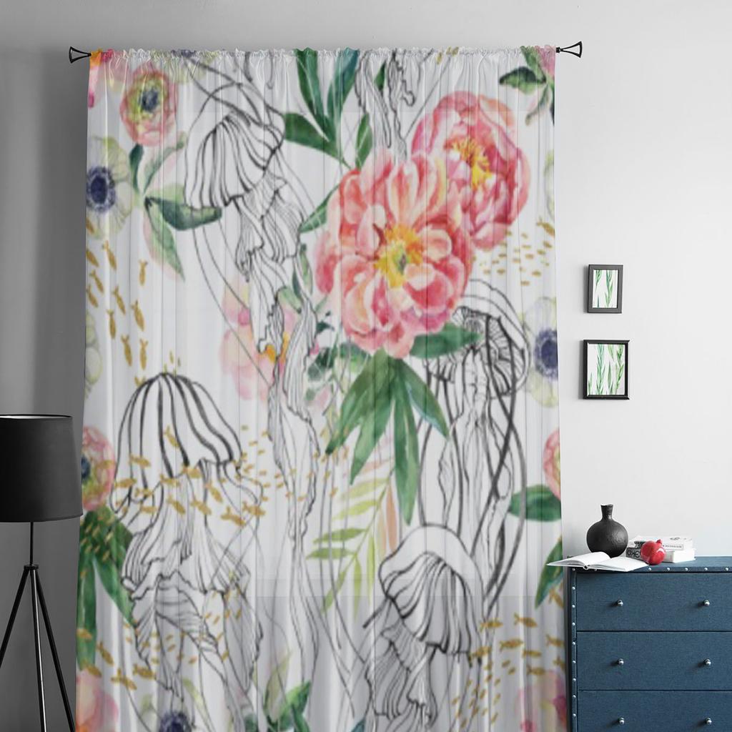 Ranunculus Anemone Jellyfishes Flowers Chiffon Sheer Curtains for Living Room Bedroom Decoration Window Voiles Tulle Curtain