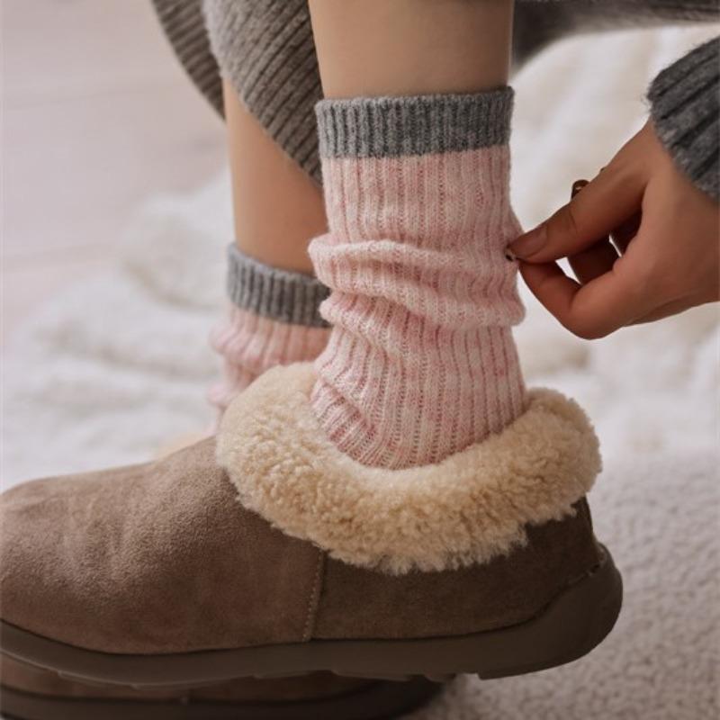 Japanese Color Block Wool Socks Thermal Stackable Crew Socks with Marled Knit Retro Autumn Winter Socks for Birkenstock Shoes