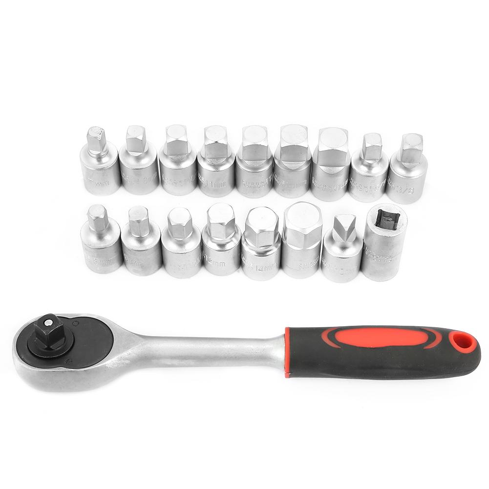 18pcs Chrome Vanadium Steel 3 8in Oil Drain Plug Sump Ratchet Socket Wrench Set Oil Change Tool