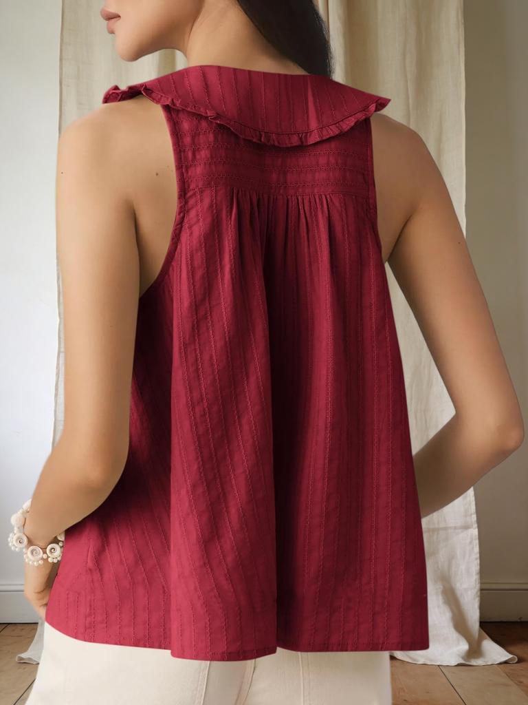 Women's Boho Ruffle Tank Top Peter Pan Collar Eyelet Button Sleeveless Top