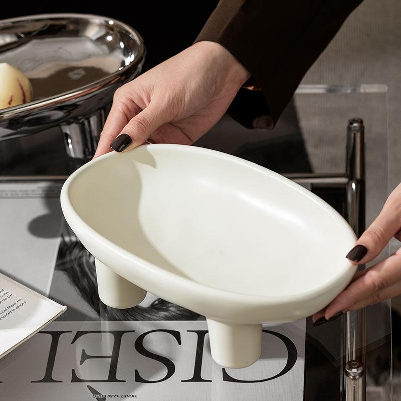 Three-Legs Ceramic Fruit Bowl for Kitchen Counter, Decorative Bowl for Table Décor, Oval Large Bowls for Breads&candy