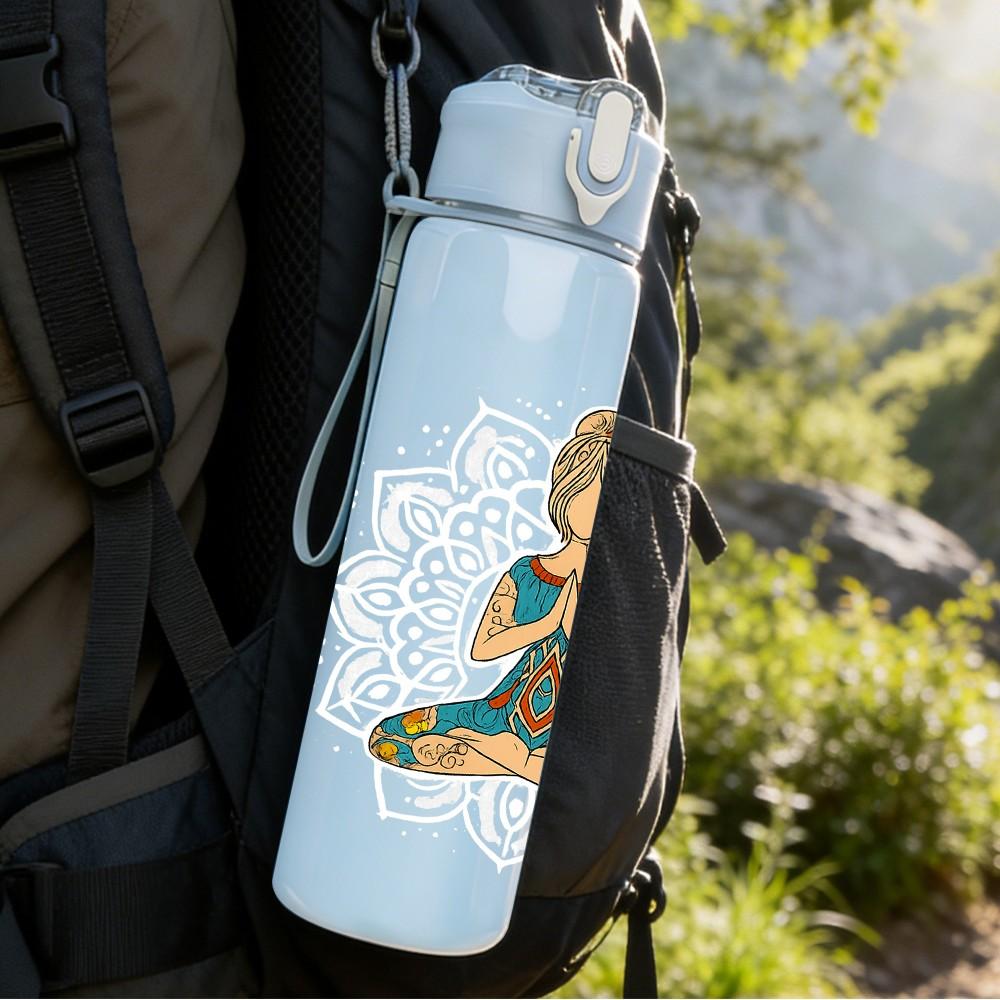 1PC Meditating Yoga Figure 750ml Color Plastic Sports Water Bottle Leakproof Flip Straw Lid Suitable for Sports Office Home Use