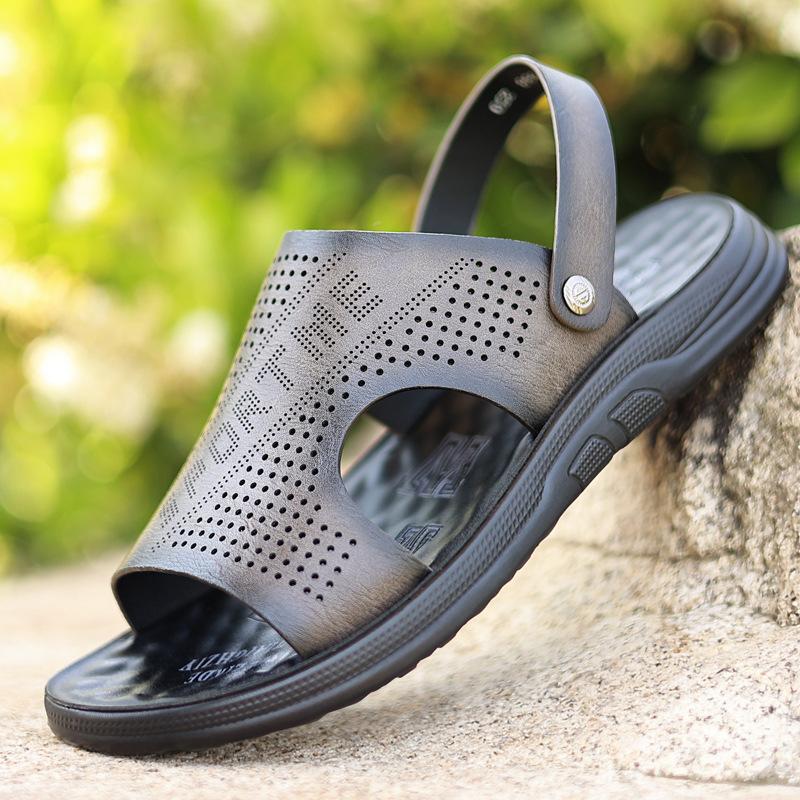 Men's leather sandals men's summer waterproof and non-slip slippers breathable two wear beach shoes trendy thick-soled sandals wear-resistant