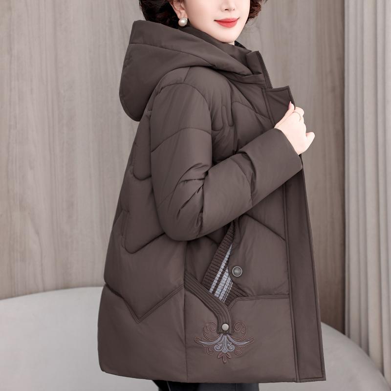 Plus Size XL-5XL Middle Age Woman Winter Coats Hooded Elegant Loose Thick Warm Embroidery Parkas Female Jacket
