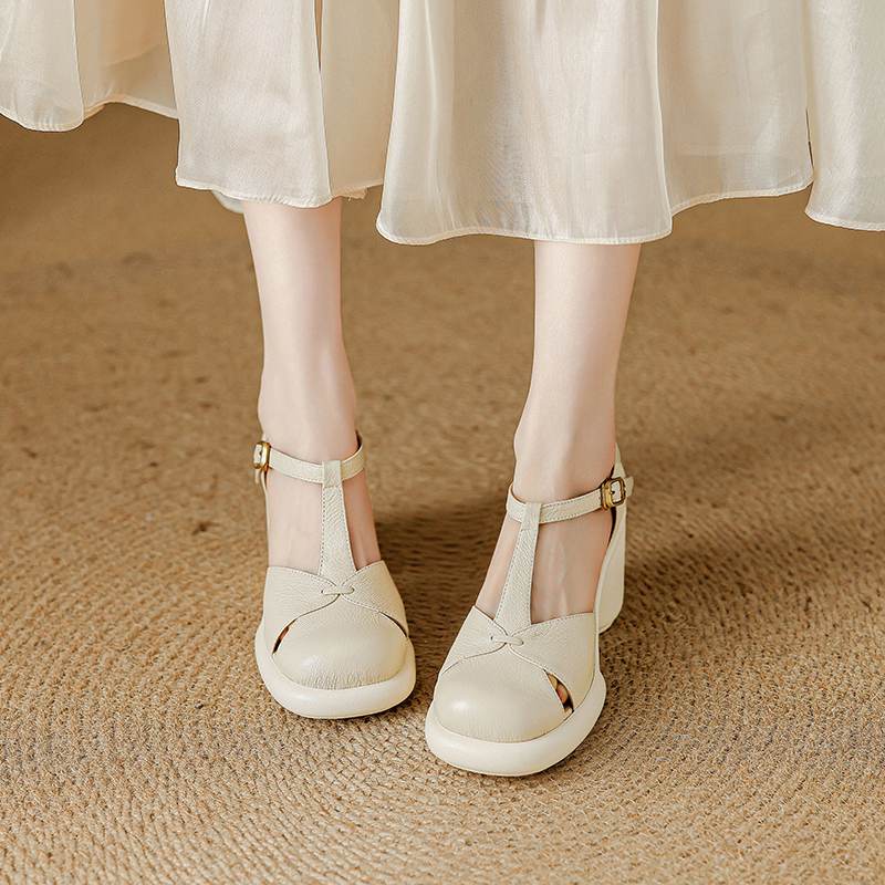 Krazing Pot Sheep Skin Round Toe Size 41 Thick Round High Heels Buckle Straps Hollow Platform Gladiator Autumn Pumps