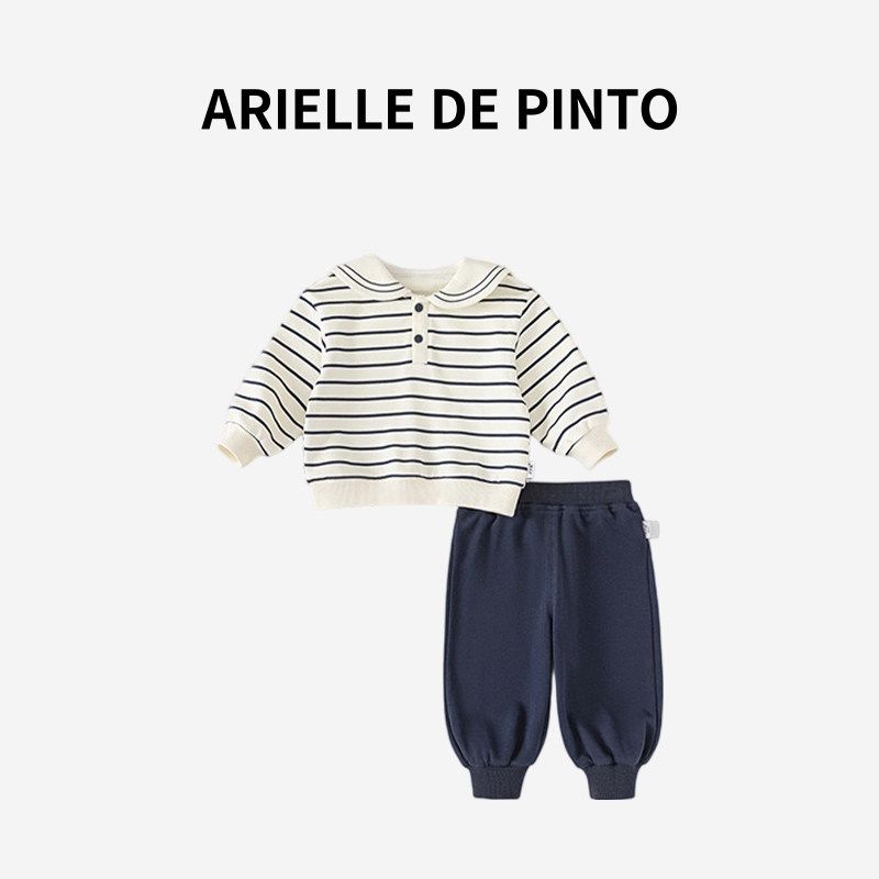 French Arielle De Pinto Boys  Suit Spring and Autumn Style Navy Collar Striped Sweatshirt and Jogger Pants Two-Piece Set Apricot + Navy Blue 110
