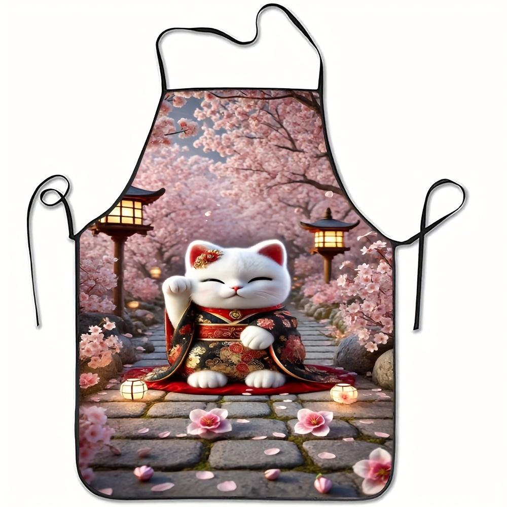 A Japanese-Style Anime Kimono Cat Apron - a Cute Japanese Cooking Apron Featuring Cherry Blossoms And a Cat Design, Suitable for Both Men And Women, D