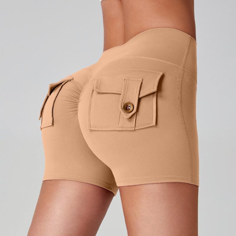 Dámské nákladní jógové šortky s vysokým pasem, design Broskvový zadek, kapsy, 3 body, Šortky na cvičení, Pocit nahoty, Vysoce elastické, Rychleschnoucí, Běžecké šortky