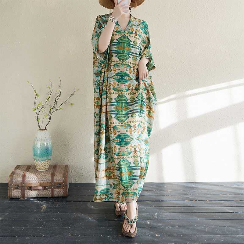 

Summer Color Travel Retro Long Skirt Cotton Linen Dress One size зелёный