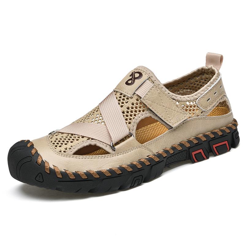Fashion Breathable Mens Sandals Handmade Leather Male Summer Shoes Outdoor Walking Beach Flats Cool Mesh Sneakers Non-Slip Men Sandalias