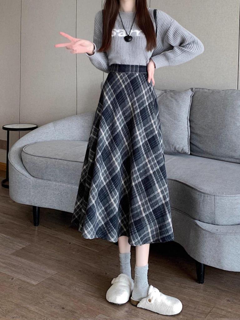 Women's High Waist Plaid Woolen A-line Skirt - Autumn/Winter 2025 Mid-length Umbrella Style