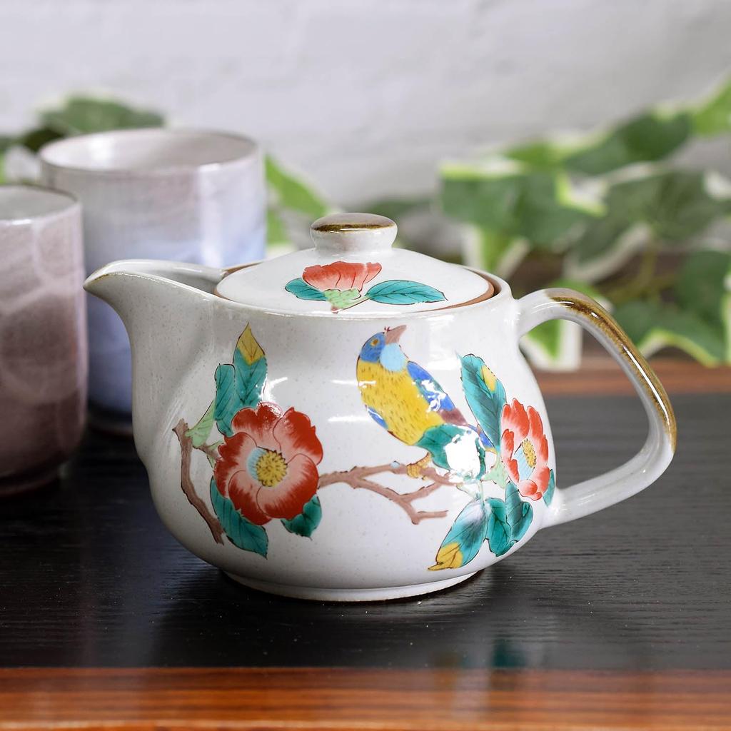 Waza no Kura Stylish Japanese Tableware Kutani Ware Teapot with Camellia and Bird Includes Tea Ceramic Made in Perfect for Birthday Gifts Design,