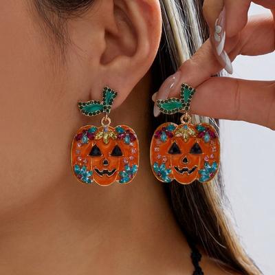 Boucles d'oreilles pendantes citrouille en cristal coloré pour Halloween pour femmes Boucle d'oreille pendentif lanterne feuille strass brillante Bijoux de fête festival
