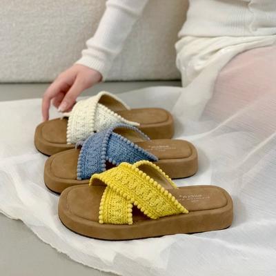 Gebreide pantoffels met dikke zool en kruisbanden voor dames, zomerse retro niche Boken-schoenen met open teen, strandvakantie, coole pantoffels