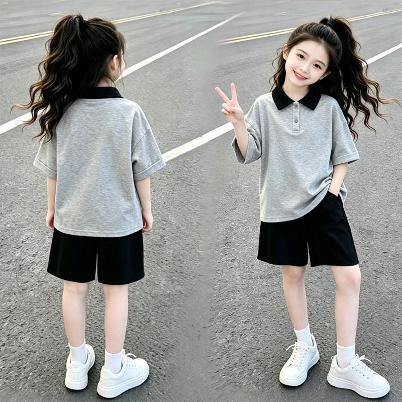 Girls' Cotton Patchwork Short-Sleeve Polo Two-Piece Set - Casual Summer Wear for Medium & Large Children