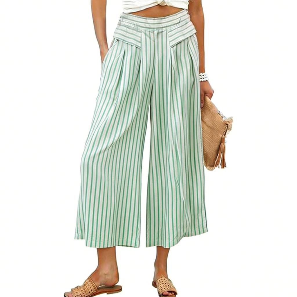Women's Striped Wide Leg With High Waist Casual Loose Fit Cropped Pant With Pockets