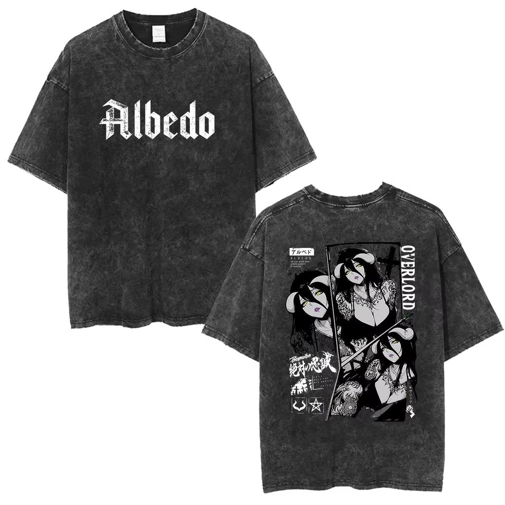 Unisex Retro Washed Summer Fashion Harajuku Y2K Streetwear Loose T‑shirt Printed with Albedo from Japanese Anime Overlord T-shirt