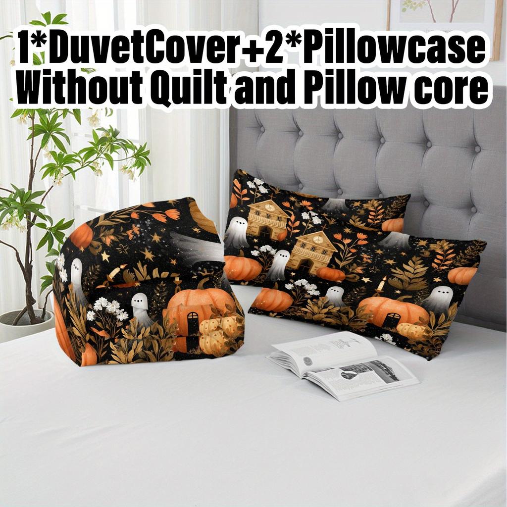 3pcs Halloween Pumpkin Monster Duvet Cover Set Without Core, Quilt Cover with 2 PillowcasesSoft and Machine Washable
