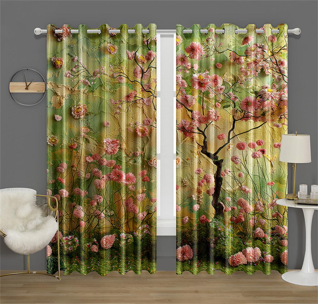 Colorful Rich Flowers Pattern Curtains Green and Peach Flowers Kitchen Decor Curtains Bedroom Living Room Window Decor 2 Panels