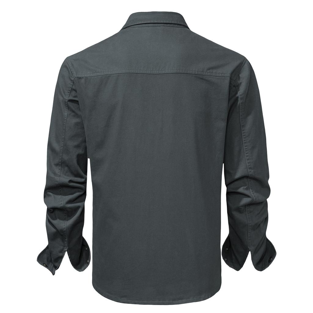 Men's Washed Cotton Casual Shirt Solid Color Lapel Long Sleeve Cargo Shirt for Men