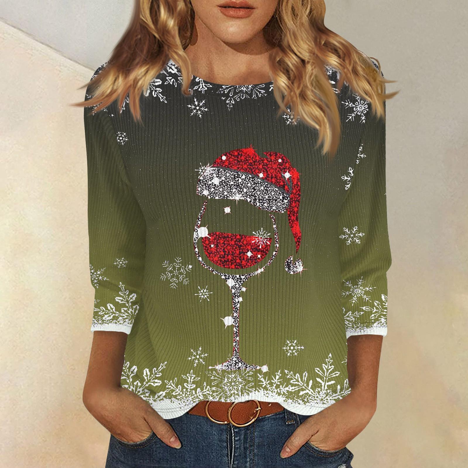 

Женская мода и зима повседневная круглая горловина матовая рубчатая рождественская печать футболка рукав три четверти женская одежда L армия зеленый