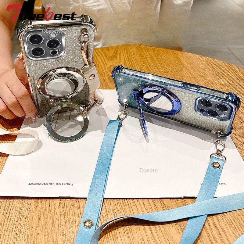 Crossbody Lanyard Shockproof Glitter Plating Mirror Magsafe Holder Case for iPhone 16E 16 15 14 Plus 13 12 11 Pro XS Max XR X