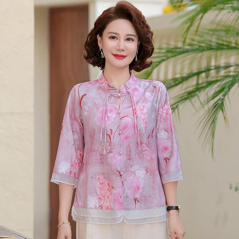 

New Arrival Summer Blouse: Elegant Chinese Style Women s Top for Middle-Aged & Elderly - Age-Reducing Mother’s Shirt 2XL (57-63 kg) розовый