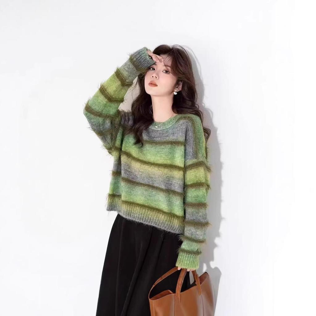 Women's Gradient Striped Patchwork Fuzzy Knit Pullover Sweater, 2025 Design