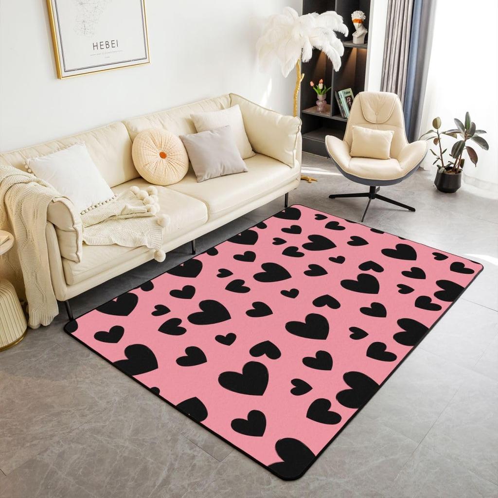 Cute Heart 3x5 Area Rug Cartoon Bow Knot Rugs for Living Room | Colorful Romantic Pink Fantasy Washable Rug,Valentine's Day Theme Love Heart