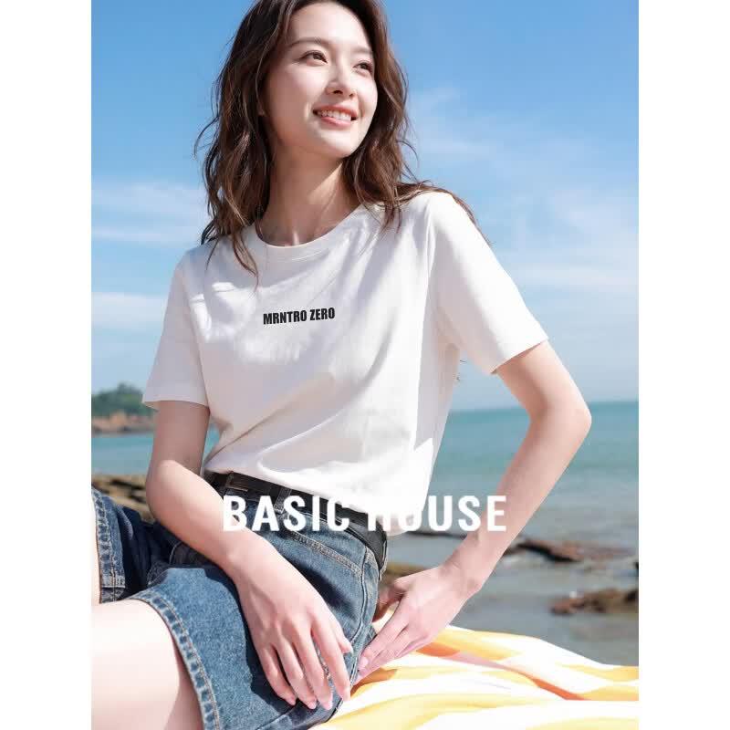 Basic House Women s Letter Print Cotton Blend Loose Fit T-Shirt One Size