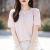 New Summer Cotton V-neck Half-sleeved T-shirt for For Women Loose Solid Color Short-sleeved Multi-button Knitted Top