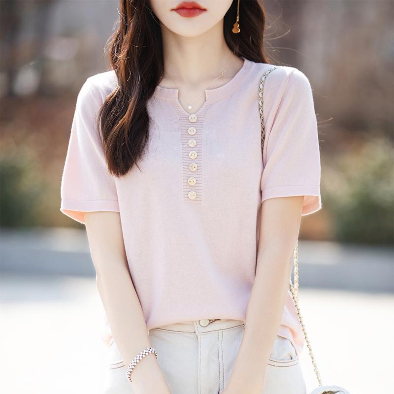 New Summer Cotton V-neck Half-sleeved T-shirt for For Women Loose Solid Color Short-sleeved Multi-button Knitted Top
