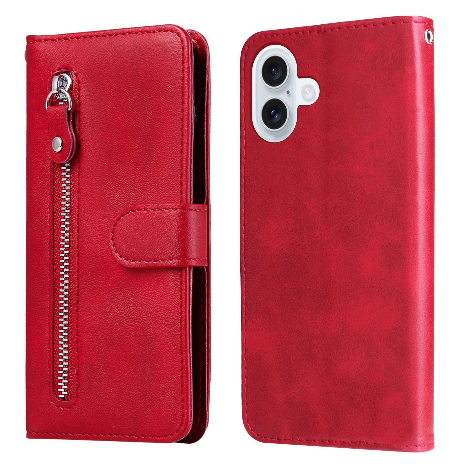 

For iPhone 17 PU Leather Cases with Zipper Pocket Wallet Phone Cover Stand Red