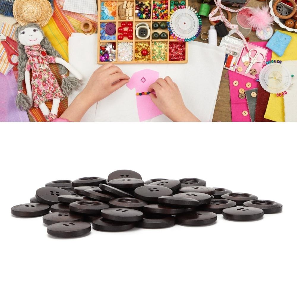 50pcs Dark Brown 4 Hole Buttons Wide Edge Sewing Buttons Craft Wooden Buttons  DIY Craft