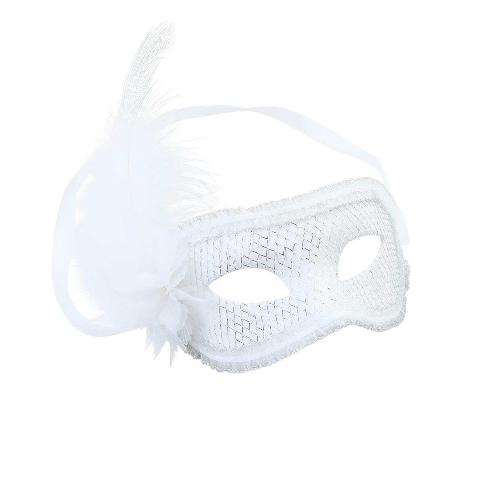 Schwarze Halbmaske für Damen für Maskenball mit Federn und floraler Seitenverzierung One Size weiß