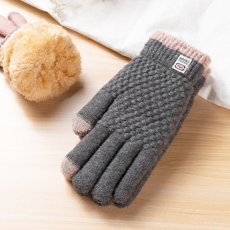 Warm Gloves Women's Thickened and Velvet Korean Version of Fashionable Cold-proof Knitted Gloves Are Popular for Cycling