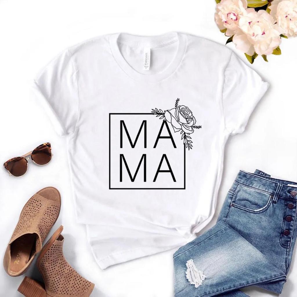 Fyrkantig Mamma Blomtryck Dam T-shirt Kortärmad O-hals Lös Dam T-shirt Dam Mode T-shirt Toppar Camisetas Mujer