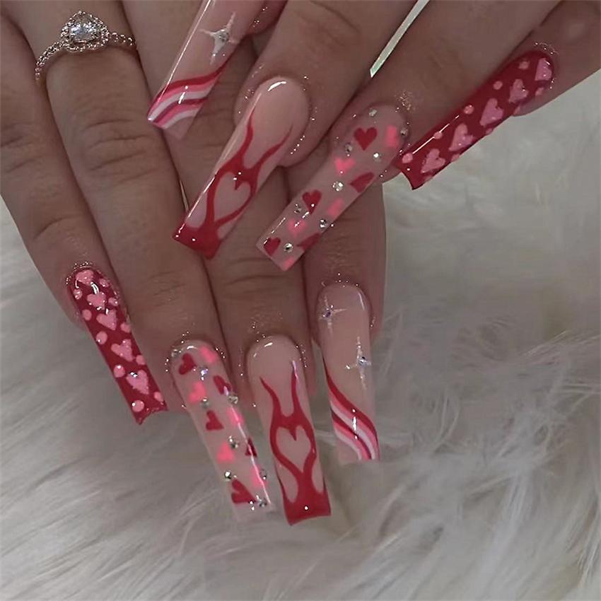 24Pcs Marble Gradient Gold Foil Long Coffin False Nails Full Cover Detachable Press On Nail Tips