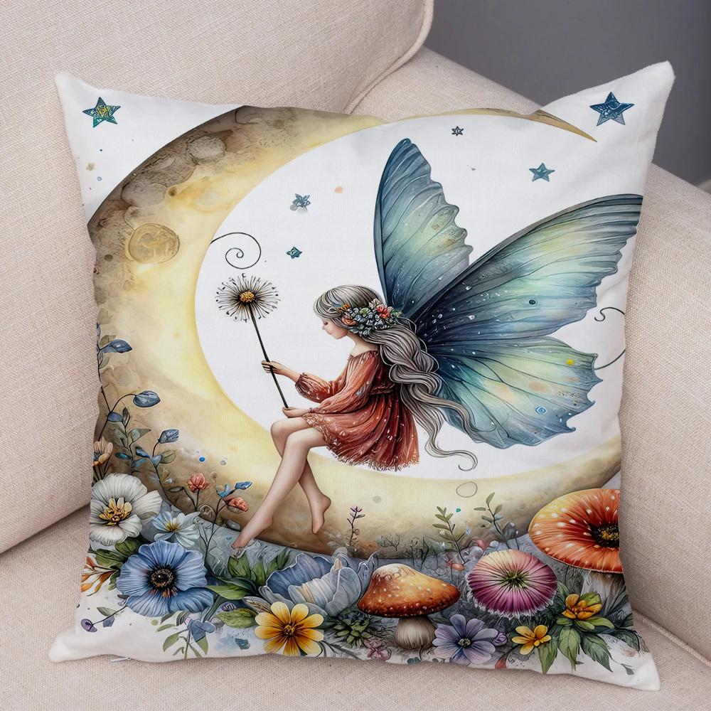 Niedlicher Cartoon Waldmädchen Elfen Kissenbezug Doppelseitig bedruckter Kissenbezug Deko für Sofa Zuhause Superweicher Plüsch Kissenbezug 40x40cm