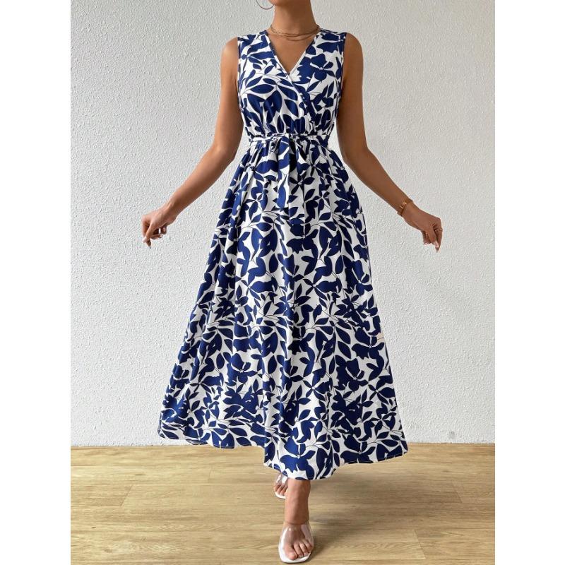 Abiti casual a vita alta con scollo a V senza maniche con stampa floreale primaverile alla moda da donna