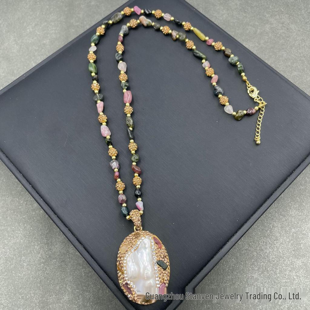 High-End Baroque Pearl & Tourmaline Sweater Chain Three-Piece Set with Natural Freshwater Pearls