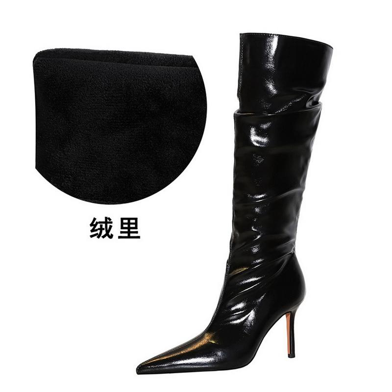 

Модные ретро-модные женские черные сапоги до колена с острым носком из лакированной кожи, сморщенные на высоком каблуке, туфли-шпильки с острым носком, зимние сапоги 35(Foot22.5cm)