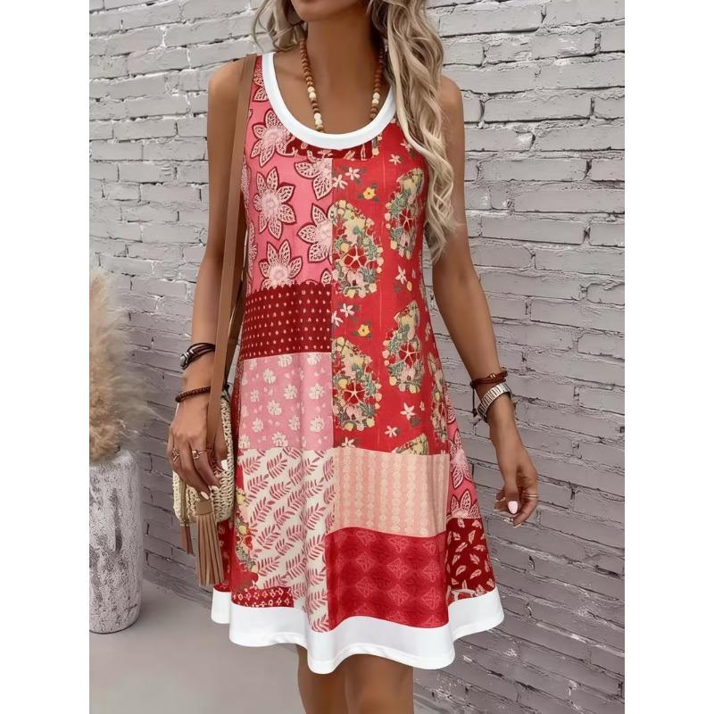 Women's Geometric Floral Print Sleeveless Dress - Suitable for All Seasons, Suitable for Summer Beach Wear
