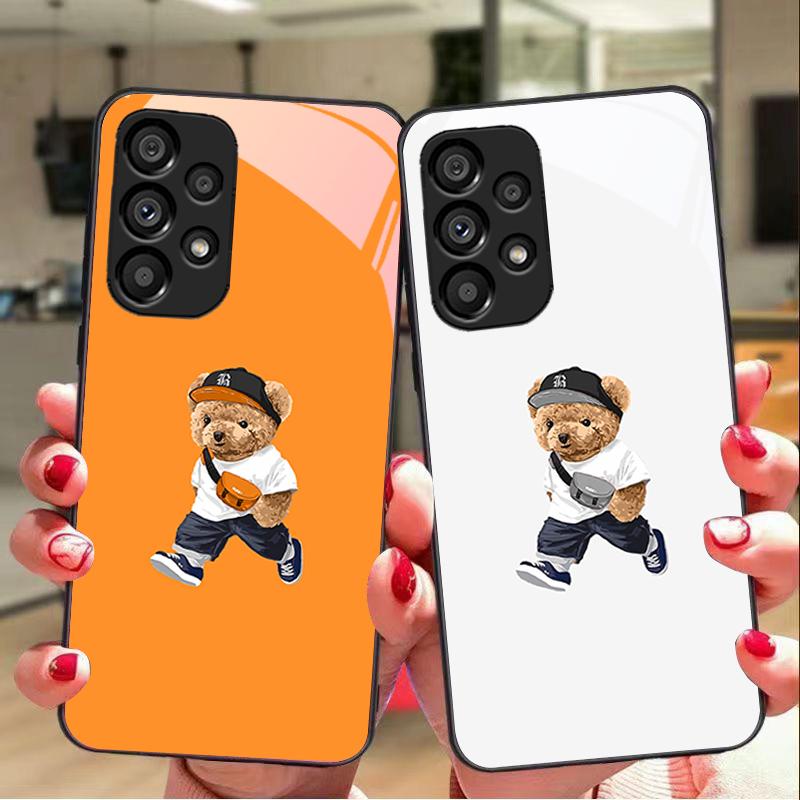 Backpack Bear White For Samsung Galaxy S 8 9 10 20 Plus 21 FE 22 23 24 Ultra S7 Edge Black Tempered Glass Phone Case Hard Shell