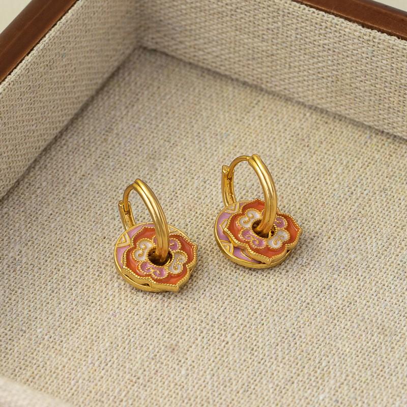 Vintage Enamel Earrings Women Geometric Circle Studs Detachable Ethnic Style Lightweight Luxury Jewelry