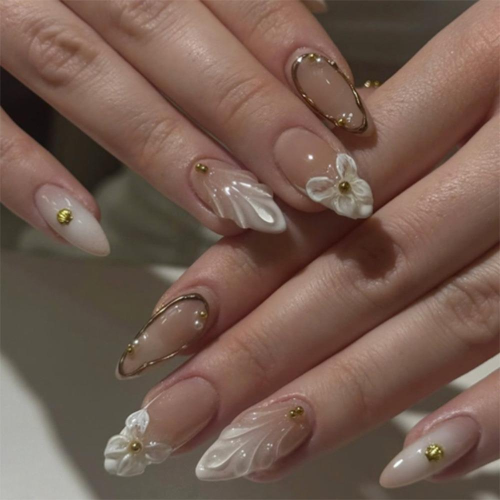 24pcs Manicure Long Almond False Nails Gilded Flower Pearl French Fake Nials Detachable Star Bow Press on Nails Women