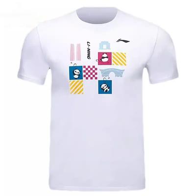 Li Ning Badminton Series Cartoon Anime Round Neck Comfortable Versatile Breathable Short Sleeve Badminton Shirt Unisex Tops Standard-White AHSUA47-2