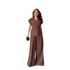  European and American Amazon Women's New V-Neck Short Sleeve Thin Belt Waist Cardigan High Waist Wide Leg Pants Casual Suit