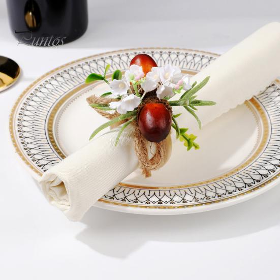 Boho Table Accessories Artificial Rosemary Napkin Ring, Wooden Ring Holder with Faux Acorns Harvest Party Supplies Flowers, Autumn Rustic for