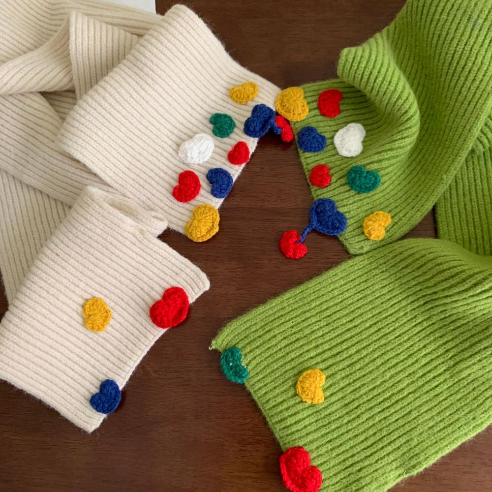 Candy Color Hand Knitted Scarf Women's Sweet Heart Embroidery Scarf Fashion Korean Student Warm Muffler Winter Versatile Shawl